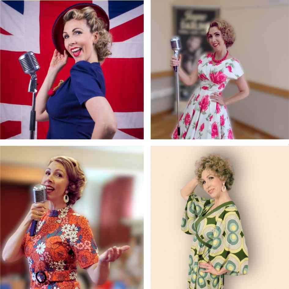 Picture showing Jayne Darling dressed in 4 different decades - 1940s, 1950s, 1960s and 1970s 